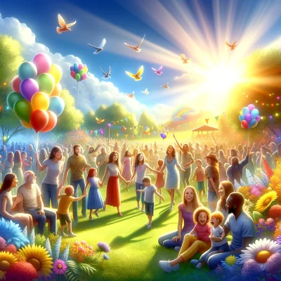 Happiness – 2024-08-23 16.31.58 – A vibrant scene representing ‘Happiness’ for a page with inspirational quotes. The image shows a diverse group of people, including adults and childre Happiness