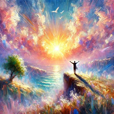 DALL·E 2024-09-14 12.30.48 – A scene representing ‘Inspiration’ in the style of impressionism. Soft, blurred brushstrokes depict a figure standing on a cliff at sunrise, arms outs DALL·E 2024-09-14 12.30.48 - A scene representing 'Inspiration' in the style of impressionism. Soft, blurred brushstrokes depict a figure standing on a cliff at sunrise, arms outs